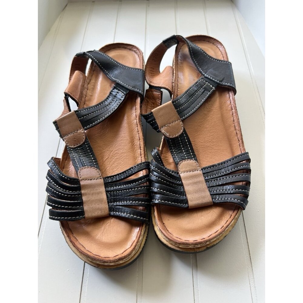Spring Step Leather Comfort Fisherman Sandals Black Tan Women’s Size 7